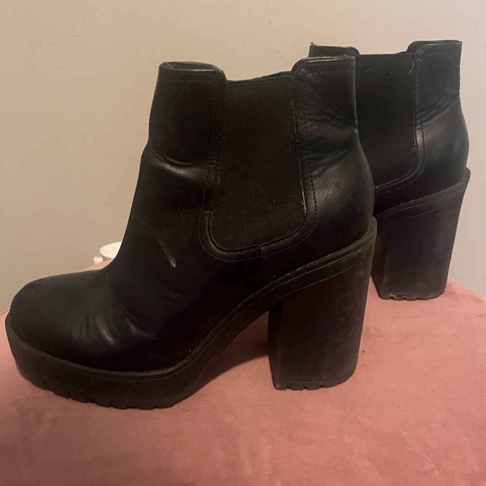 Black Chelsea boots, six inch heels